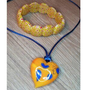 Bundle lot Art Glass Puff Heart Long Necklace + Millefiori Stretch Bracelet Boho